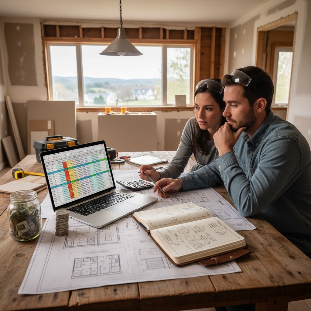 kitchen remodel planning budget spreadsheet on table with blueprints