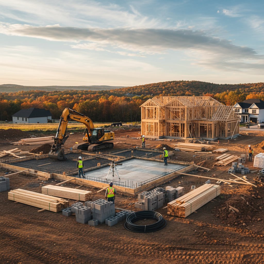 custom new home build under construction in Pennsylvania showing framing and foundation work