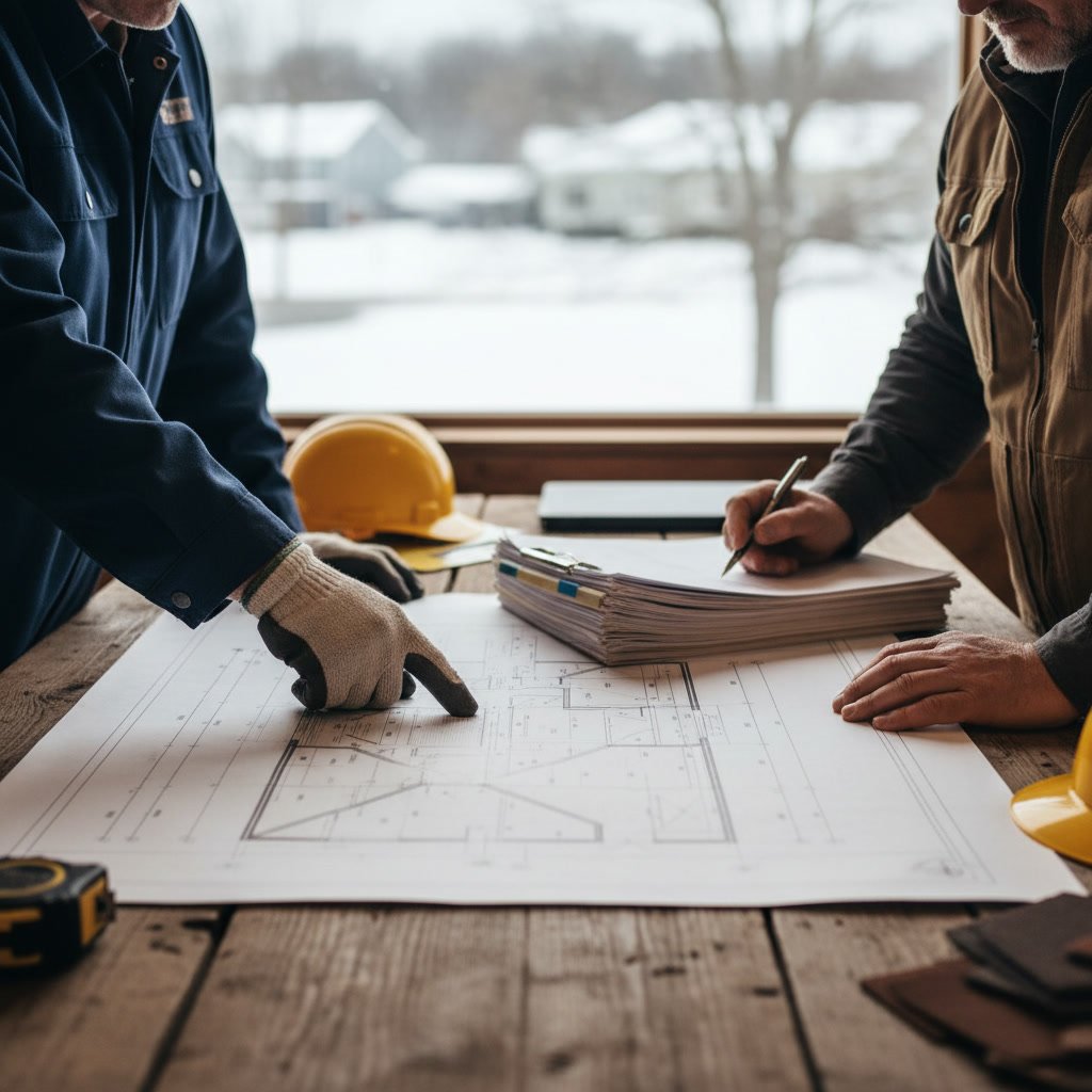 Professional roofing team examining roof structure and providing estimate in York County