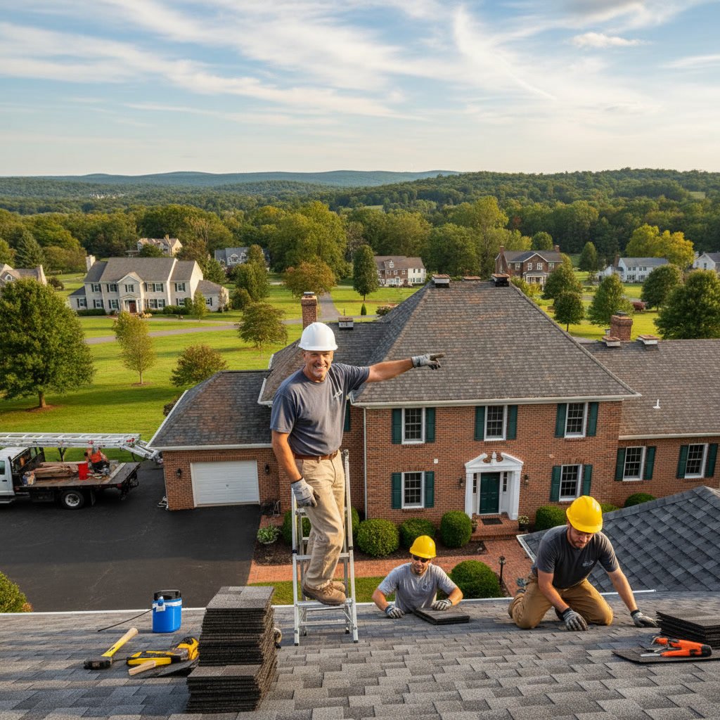 Professional roofing contractor working on residential home in York County Pennsylvania