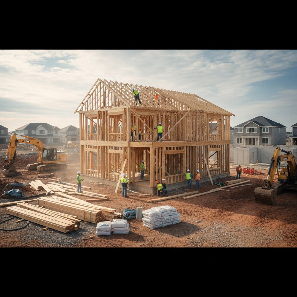 Professional residential construction project showing framing and building progress