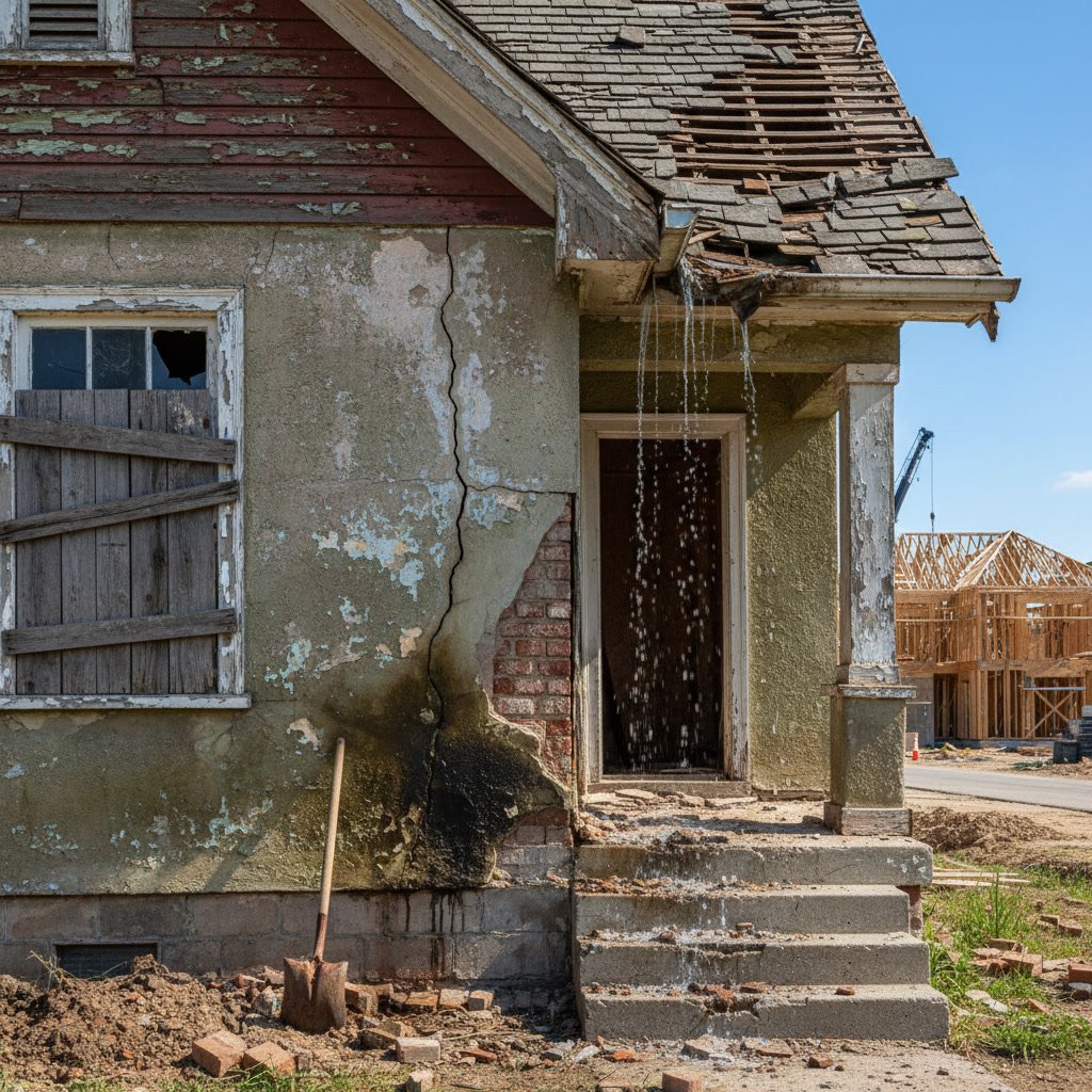 Residential home showing areas requiring construction instead of simple repairs