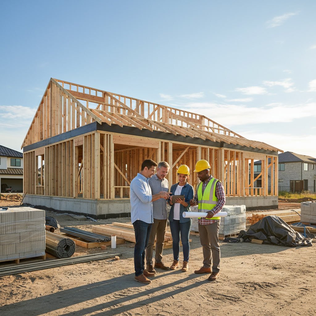 Professional residential construction team reviewing blueprints at job site